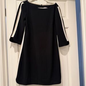 Vince Camuto Black Shift Dress with White and Tan Side Stripes